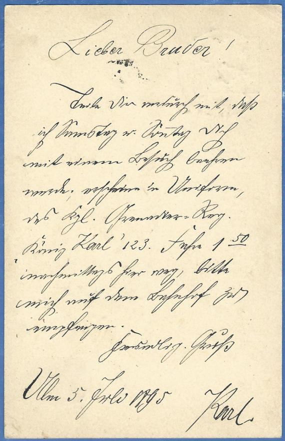 Postcard to Mr. August Frank at " Kahn & Arnold " in Augsburg, - mailed July 5, 1895 - back of card