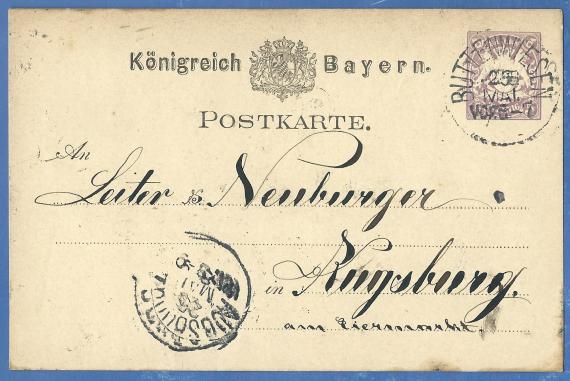 Postcard of a business nature to " Leiter & Neubuger " in Augsburg, Am Eiermarkt - mailed May 25, 1881