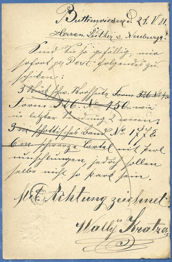 Postcard of business nature to " Leiter & Neubuger " in Augsburg, Am Eiermarkt - mailed May 25, 1881 - back of card