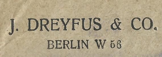 Briefumschlag vom Bankhaus " J. Dreyfus & Co. " in Berlin, - versandt als Einschreiben am 22. August 1924 - Ausschnittvergrößerung Firmenname