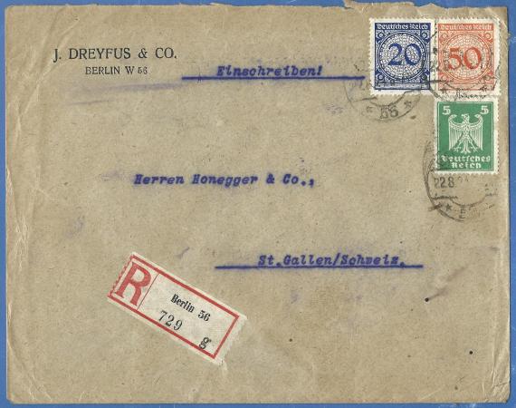 Envelope from the banking house " J. Dreyfus & Co. " in Berlin, - sent as registered mail on August 22, 1924