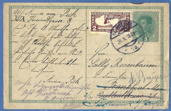 Postkarte privater Art an Herrn Sally Rosenbaum und Familie in Frankfurt a. M., Gutleutstraße 21, - versandt am 26. Oktober 1918