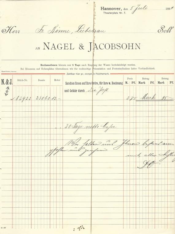 Geschäftsschreiben - " Nagel & Jacobsohn ", Hannover, Theaterplatz 7, -versandt am 24. Februar 1894  