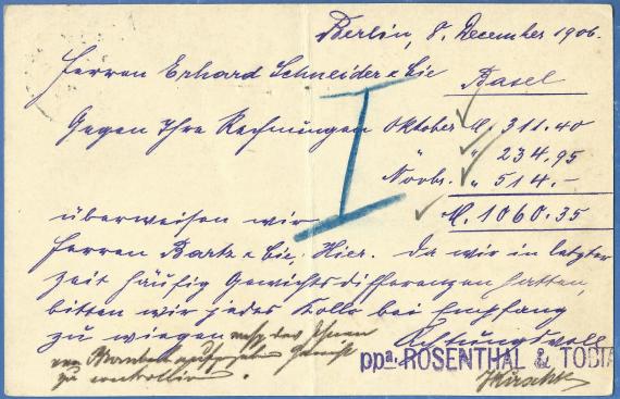 Postkarte der Firma " Rosenthal & Tobias " in Berlin, - versandt am 8. Dezember 1906 - Kartenrückseite