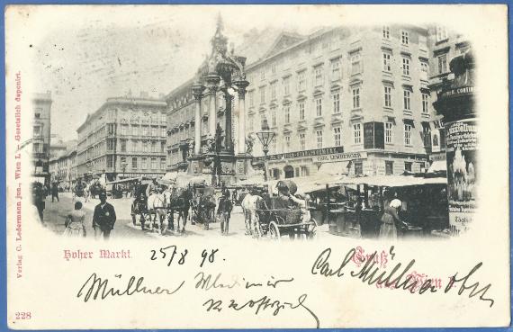 Historical picture postcard " Greeting from Vienna - Hoher Markt " with the store of " Carl Lemberger ", - sent on August 26, 1898