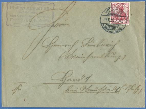 Envelope from Philipp August Bär, legal advisor and commission business in Weinheim, Bergstrasse 101, - mailed on October 29, 1907