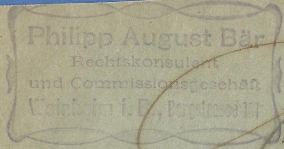 Envelope from Philipp August Bär, legal adviser and commission business in Weinheim, Bergstraße 101, - mailed on October 29, 1907 - detail enlargement company stamp