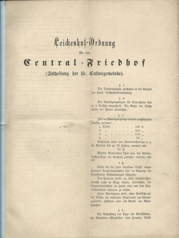 Leichenhof-Ordnung für den Central-Friedhof - ( Abtheilung der Israelitischen Cultusgemeinde ) - Titelblatt