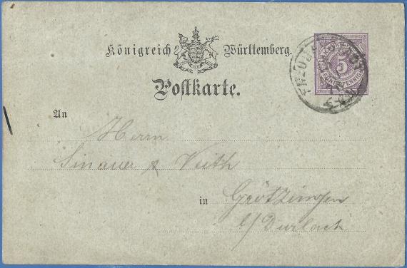 Postkarte geschäftlicher Art an Herrn Sinauer & Veith in Grötzingen bei Durlach, - versandt am 15. Mai 1876