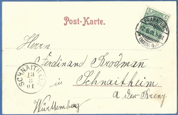 Historical picture postcard Frankfurt - Judengasse , - sent on August 12, 1901 - back of card