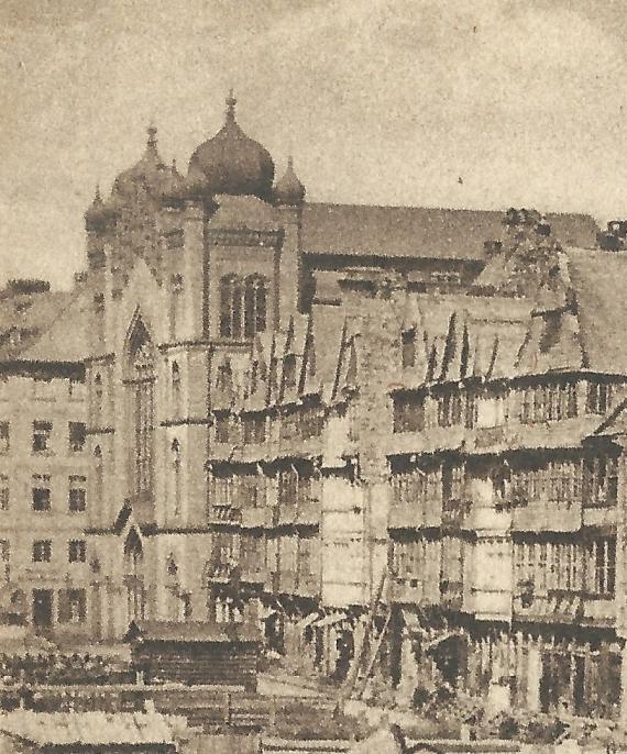 Picture postcard Frankfurt a. M. - The former Judengasse - with synagogue from the time around 1900 - detail enlargement synagogue