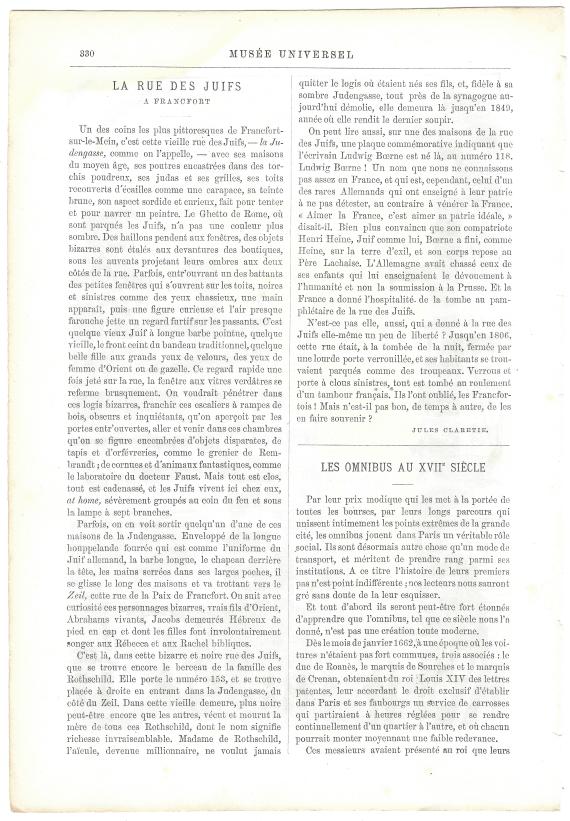 Abbildung und Text eines Artikels über die Judengasse in Frankfurt, - erschienen 1875 in der Zeitschrift  " Musée universel " - Blatt-Rückseite mit französischem Text