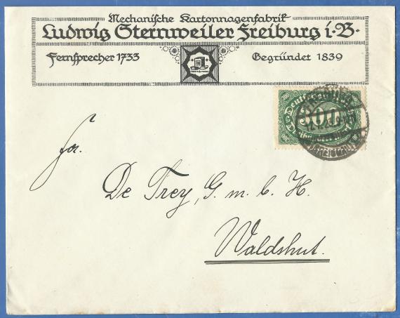 Briefumschlag - Ludwig Sternweiler Briefumschlag der " Mechanischen Kartonagenfabrik Ludwig Sternweiler " in Freiburg, - versandt am 17. Juli 1923