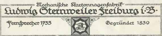 Briefumschlag der " Mechanischen Kartonagenfabrik Ludwig Sternweiler " in Freiburg, - versandt am 17. Juli 1923  -  Ausschnittvergrößerung Firmenlogo