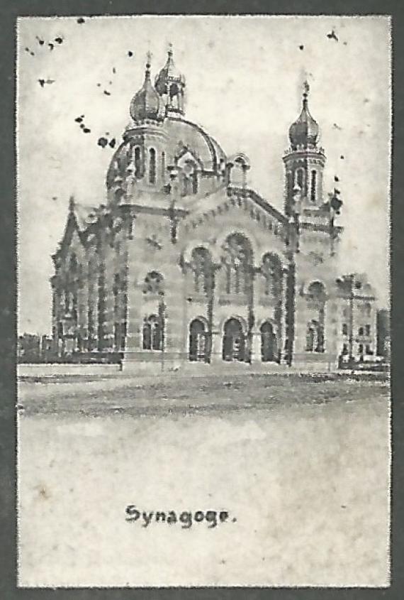 Historical multi-view map of Ölmütz from the period around 1900 - 1905 with a photo of the synagogue - cut-out enlargement synagogue