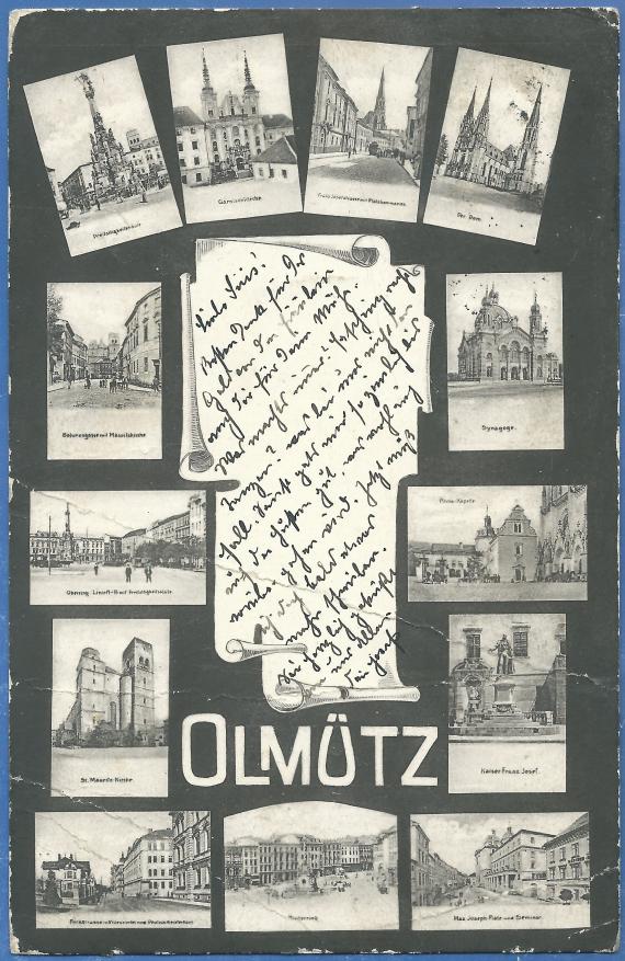 Historical multi-view map of Ölmütz from around 1900 - 1905 with a photo of the synagogue