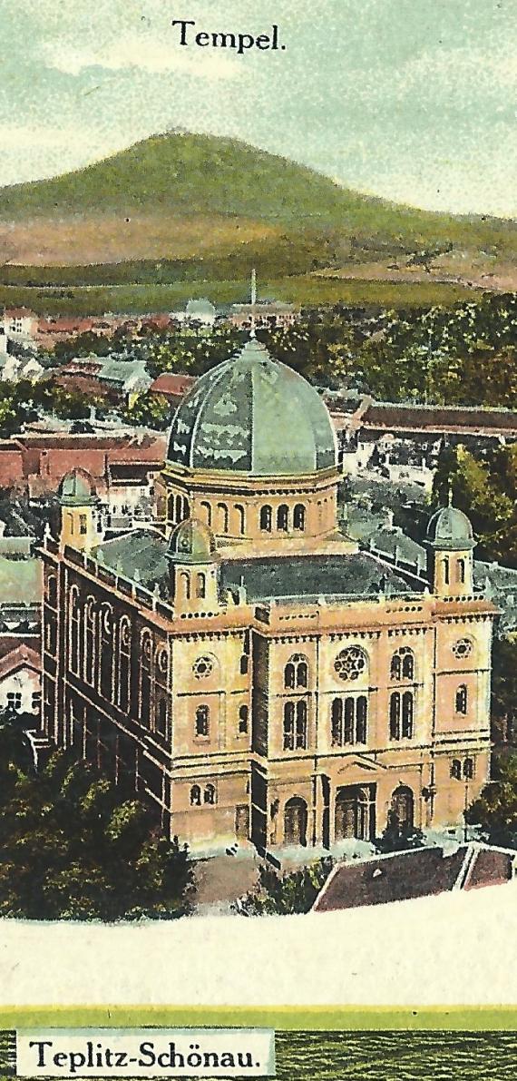 Historical picture postcard of Teplice-Schoenau from around 1910-1920 with the synagogue (temple) - detail enlargement synagogue