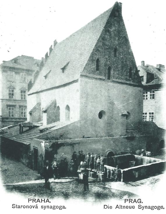 Historische Ansichtskarte aus Prag mit der " Altneu-Synagoge " aus der Zeit um 1900 - Ausschnittvergrößerung Synagoge