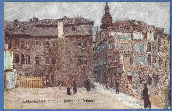 Old artist's picture postcard from Prague after the oil paintings of the acad. painter J. Minaiik - The former Prague Ghetto - Rabbi's Lane with the Jewish Town Hall from around 1910 - 1920