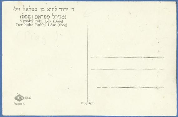 Ansichtskarte Prag - Der Hohe Rabbi Löw  -  aus der Zeit um 1915-1925  -  Kartenrückseite