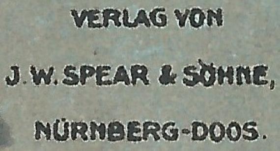 Werbemarke " Hampelmänner " der Spielefabrik  J.W. Spear & Söhne in Nürnberg Doos - aus der Zeit  um 1910-1920 - Ausschnittvergrößerung Firmenname