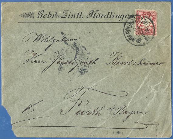 Envelope to Wohlgeboren Herr Justizrath Berolzheimer in Fürth / Bavaria, - mailed on December 24, 1894