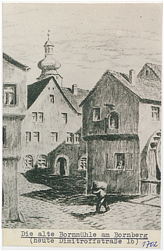 A drawing of the Bornmühle on the Bornberg around 1800. A man is hunched over carrying a sack of flour or grain on his back, a woman is looking out the window