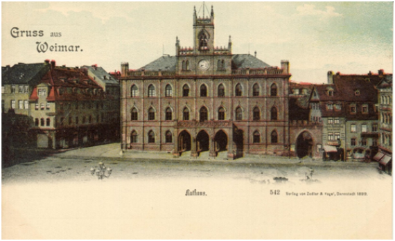 Colored postcard of the city hall from 1899