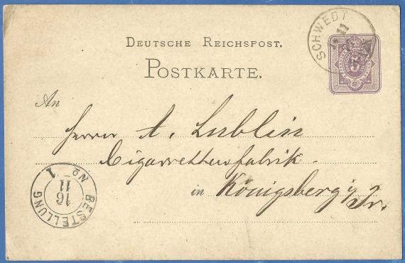 Postkarte geschäftlicher Art von den Gebrüder Rosendorff aus Schwedt, - versandt am 14. November 1877