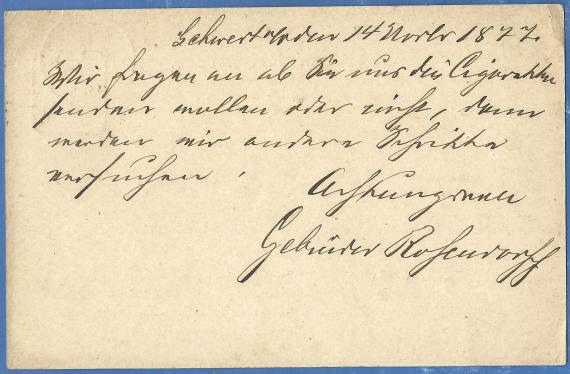 Postkarte geschäftlicher Art von den Gebrüder Rosendorff aus Schwedt, - versandt am 14. November 1877  -  Kartenrückseite