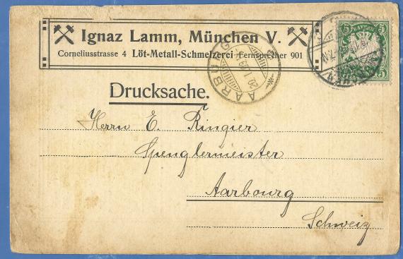 Geschäftspostkarte der " Löt-Metall-Schmelzerei - Ignaz Lamm " in München, - versandt am 19. Januar 1909 