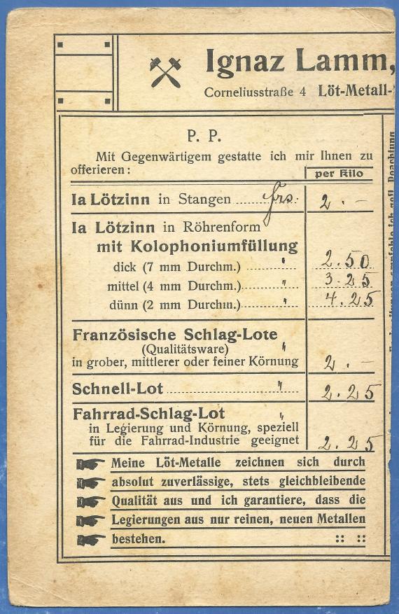 Business postcard of " Löt-Metall-Schmelzerei - Ignaz Lamm " in Munich, - mailed on January 19, 1909 - back of card