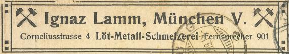 Geschäftspostkarte der " Löt-Metall-Schmelzerei - Ignaz Lamm " in München, - versandt am 19. Januar 1909  -   Ausschnittvergrößerung Firmenname