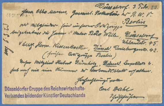 Postkarte an Herrn Otto Marcus,Generalsekretär des Reichs-Wirtschafts-Verband bildendr Künstler Deutschlands in Berlin, Landshuterstraße 26, - versandt am 4. Februar 1923  -  Postkartenrückseite