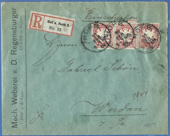 Company cover of the mechanical weaving mill of D. Regensburger, Hof a.d.Saale / Fürth in Bavaria, - mailed on February 17, 1909