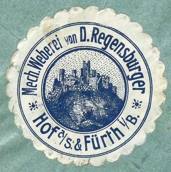 Firmenbriefumschlag der Mechanischen Weberei von D. Regensburger, Hof a.d.Saale / Fürth in Bayern, - versandt am 17. Februar 1909  -  Briefumschlag-Rückseite - Ausschnittvergrößerung Werbemarke