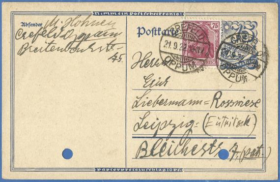 Postkarte an Herrn Erich Liebermann-Rosswiese in Leipzig, - versandt am 21. September 1922