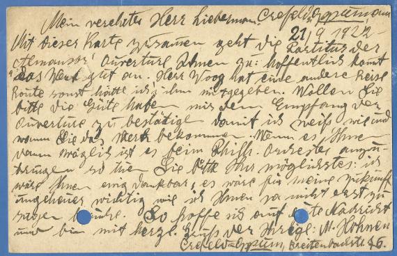 Postcard to Mr. Erich Liebermann-Rosswiese in Leipzig, - mailed on September 21, 1922 - back of card