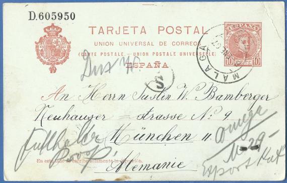 Postkarte geschäftlicher Art von Malaga in Spanien an Herrn Justin.w.Bamberger, Neuhauser Straße 9 in München, - versandt am 8. Januar 1907