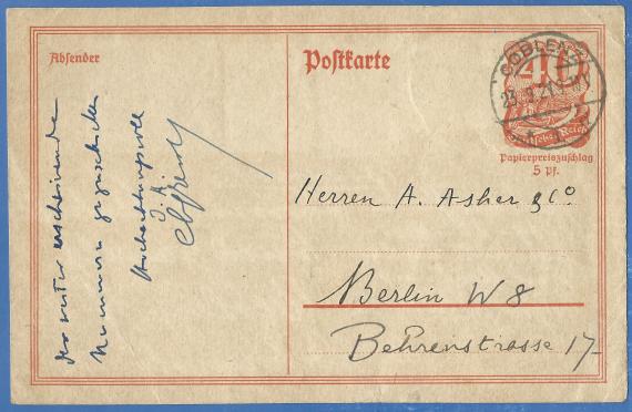 Postkarte geschäftlicher Art an Herren " Asher & Co "  in Berlin W 8, Behrenstraße 17, - versandt am 23. September 1921