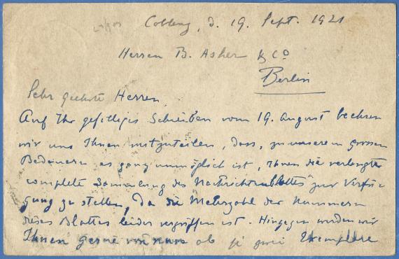 Postcard of a business nature to Messrs. " A. Asher & Co " in Berlin W 8, Behrenstrasse 17, - mailed September 23, 1921 - back of card