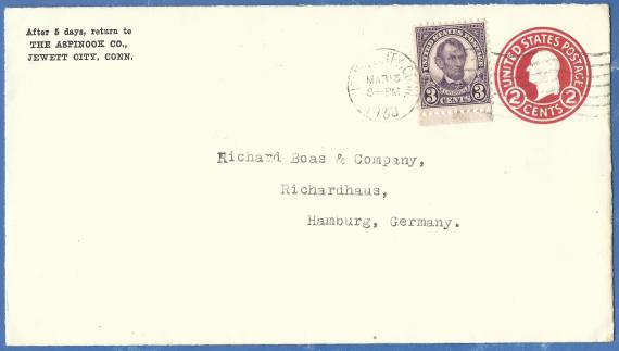 Envelope addressed to Richard Boas & Company, Richardhaus in Hamburg, - mailed from USA, Jewett City on March 13, 1930.