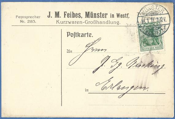 Business postcard of the " Kurzwarengroßhandlung J.M.Feibes " in Münster in Westphalia, - mailed on January 18, 1911