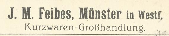 Geschäftspostkarte der " Kurzwarengroßhandlung J.M.Feibes " in Münster in Westfalen, - versandt am 18. Januar 1911 - Ausschnittvergrößerung Firmenname