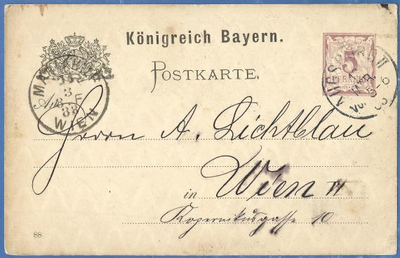 Postkarte geschäftlicher Art an Herrn A. Lichtblau in Wien, Kopernikusgasse 10, - versandt von der Fa. Wernecker & Farnbacher in Augsburg am 10. März 1888