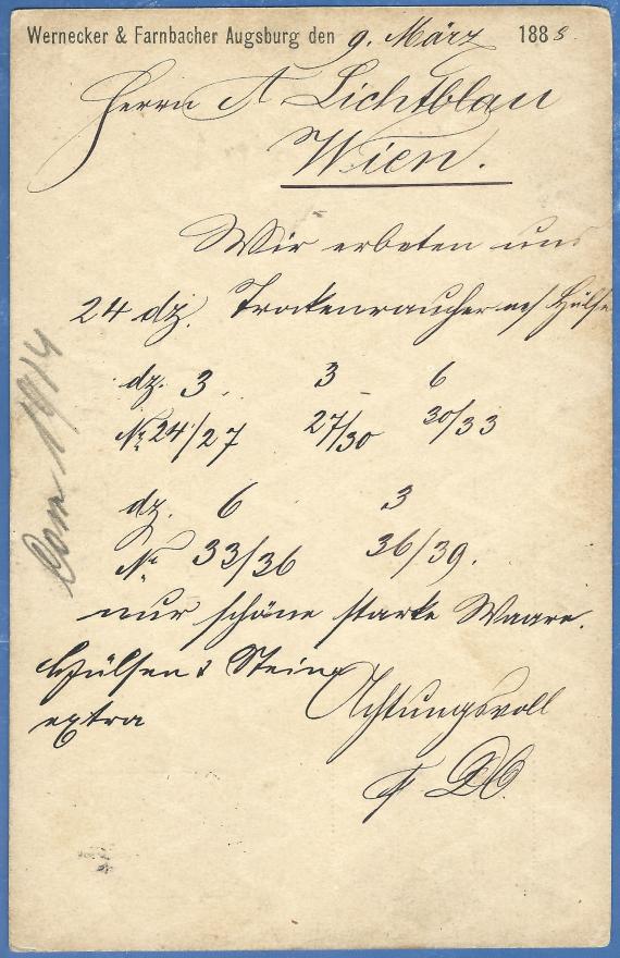 Postcard of a business nature to Mr. A. Lichtblau in Vienna, Kopernikusgasse 10, - sent by the company Wernecker & Farnbacher in Augsburg on March 10, 1888 - back of card