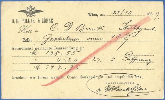 Geschäftspostkarte von " D.R. Pollak & Söhne " in Wien, - versandt am 21. Oktober 1889 - Kartenrückseite