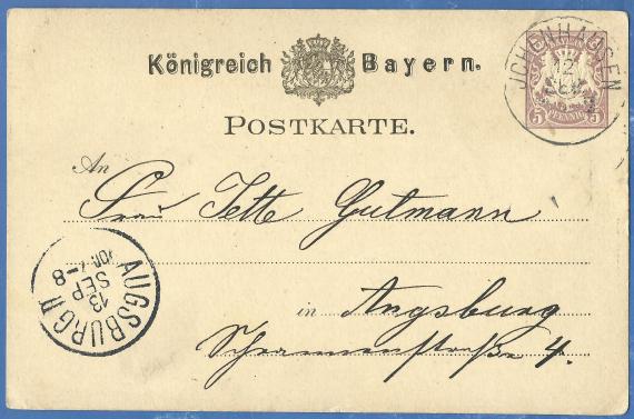 POstkarte - Jette Gutmann Postkarte privater Art an Frau Jette Gutmann in Augsburg, Schrannenstraße 4, - versandt in der Zeit zwischen 1879 - 1882