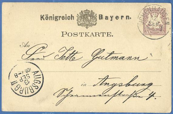 Postkarte privater Art an Frau Jette Gutmann in Augsburg, Schrannenstraße 4, - versandt in der Zeit zwischen 1879 - 1882