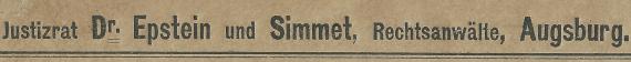 Geschäftsbriefumschlag von Justitrat Dr. Epstein und Simmet, Rechtsanwälte, Augsburg, - versandt am 26. Oktober 1921 - Ausschnittvergrößerung 